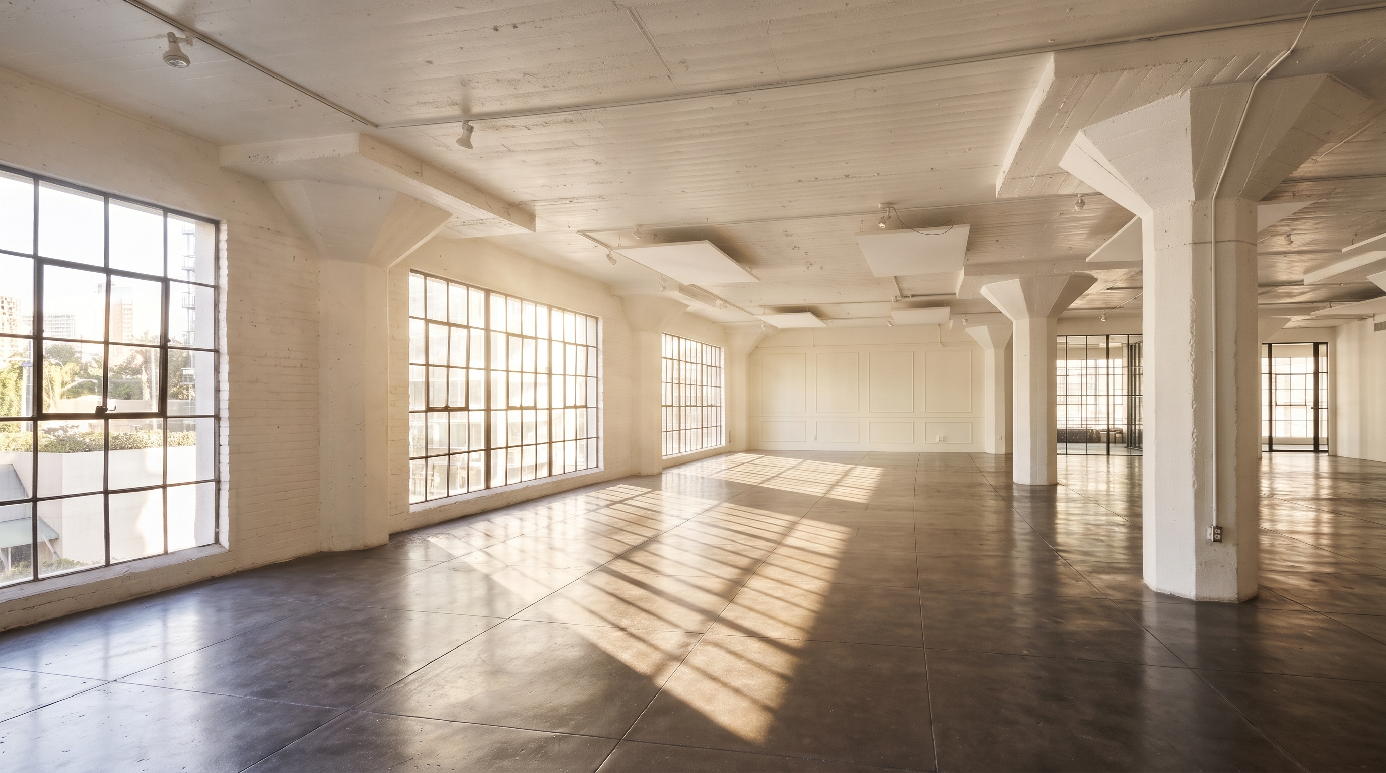 Long vacant warehouse interior with grid windows and open floor