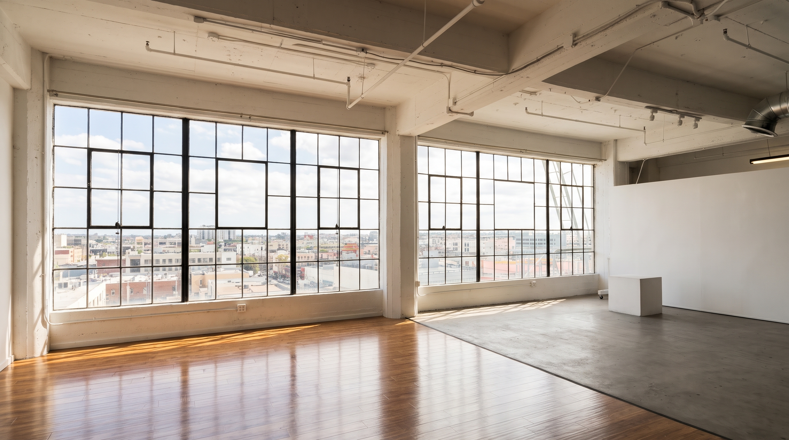 Bright vacant commercial interior with tall grid windows and a clear floor