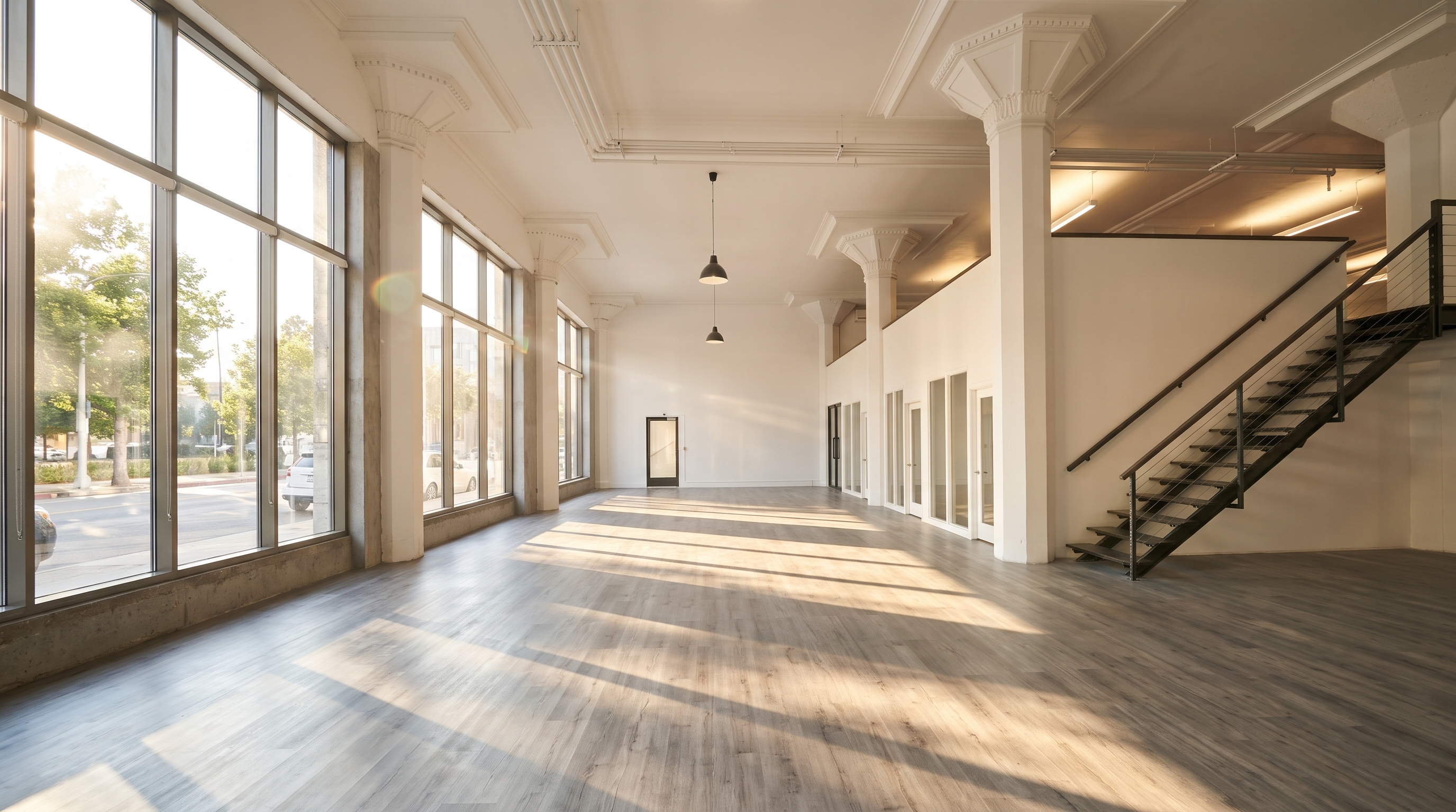 Daylit rectangular commercial interior with long windows, open floor and staircase